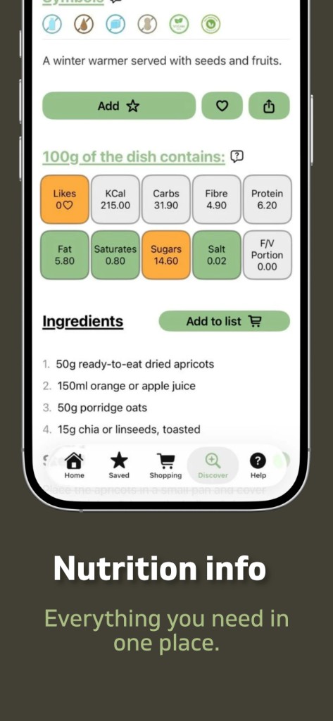 Nutrition information and ingredients list
