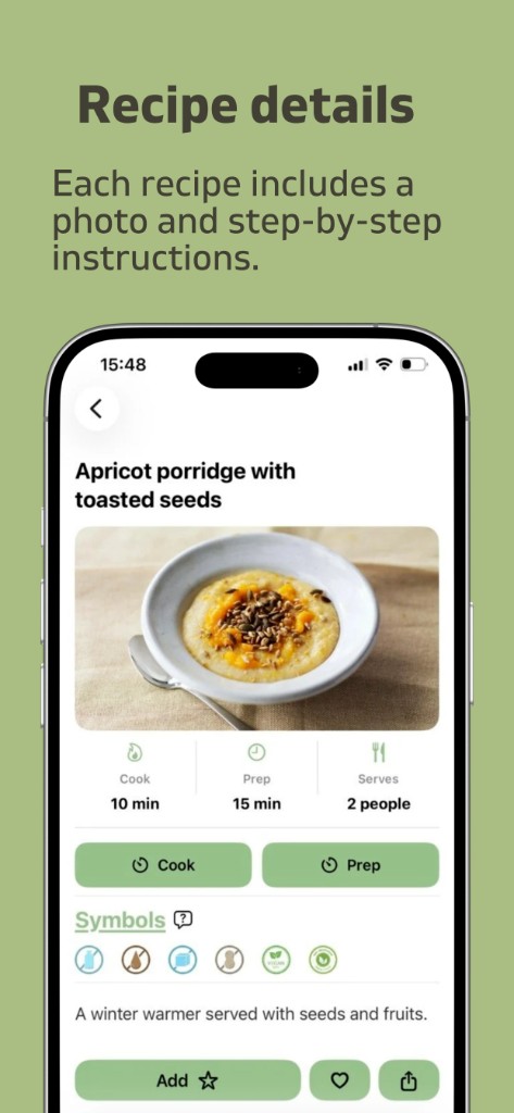 Recipe detail screen with photo and cooking times