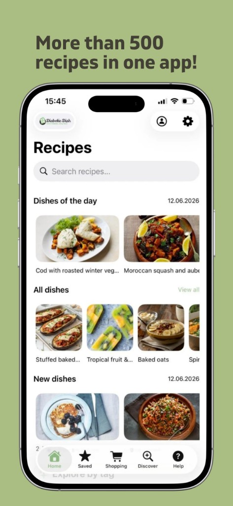 Diabetic Dish home screen with recipe collections